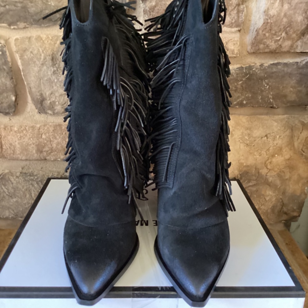Steve Madden Landmark Boots Women 10 Black Suede Fringe Italy NIB Western - Picture 8 of 8